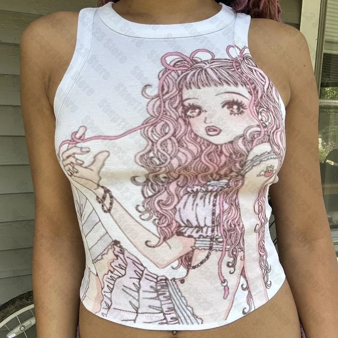 Top crop gothic Harajuku damski Y2K Biały