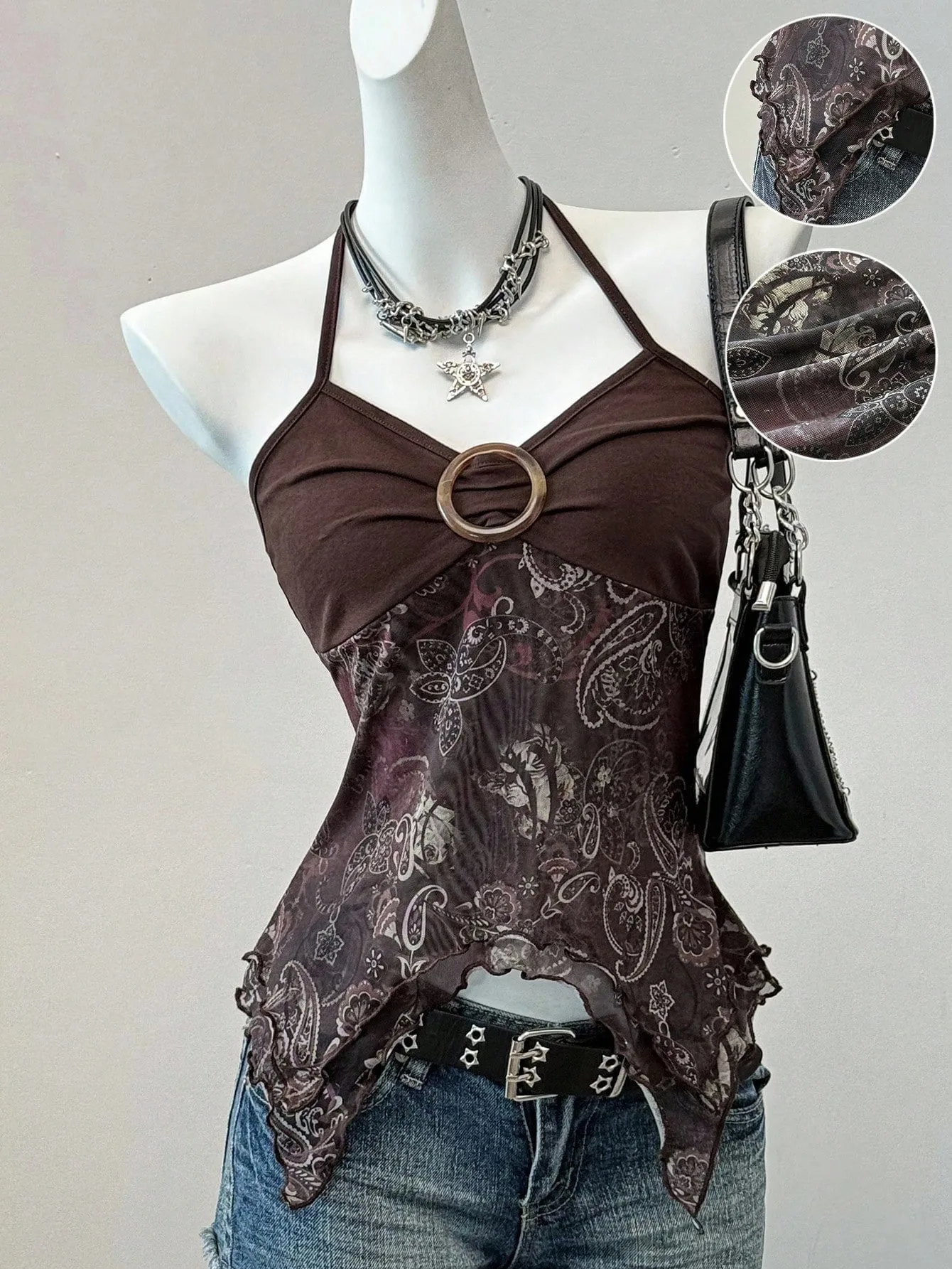 Top halter z odkrytymi plecami i wstawkami z siateczki Beżowy