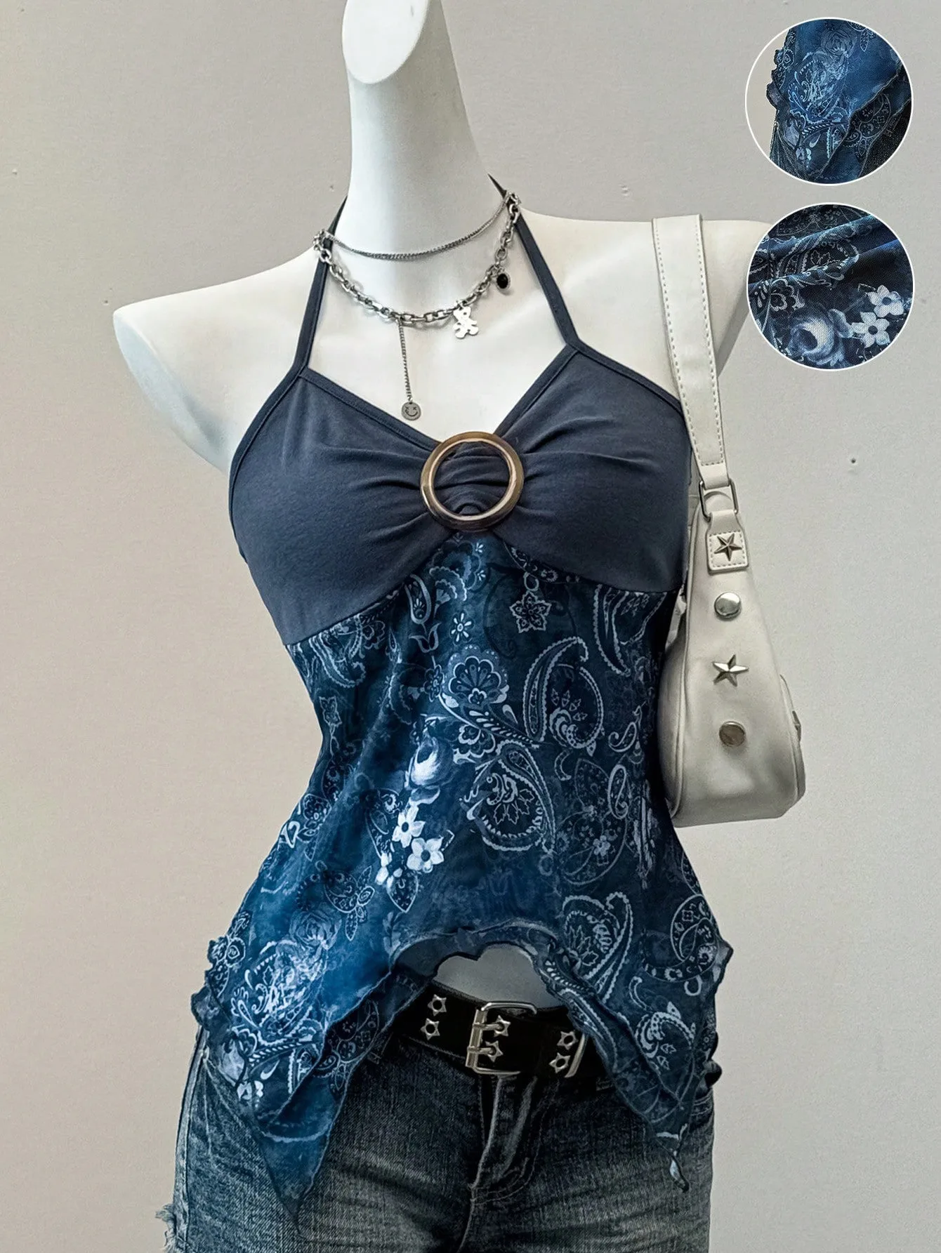 Top halter z odkrytymi plecami i wstawkami z siateczki Niebieski