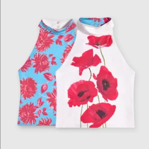Top typu halter w kropki i kwiaty z odkrytymi plecami Niebieski