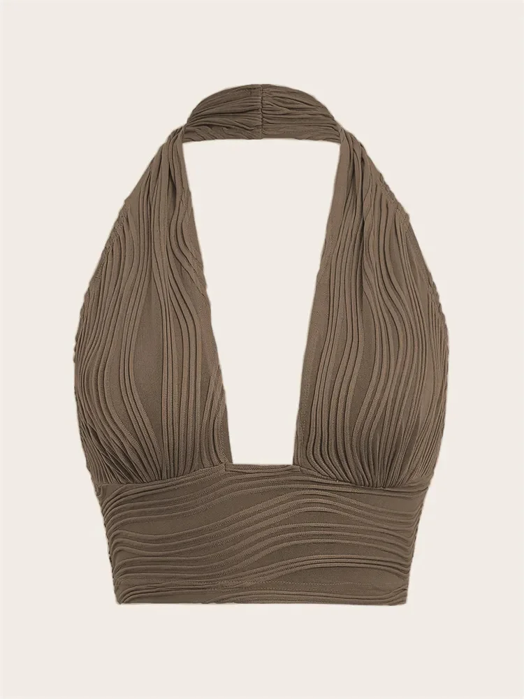 Top halter z odkrytymi plecami — styl Y2K Kawowy