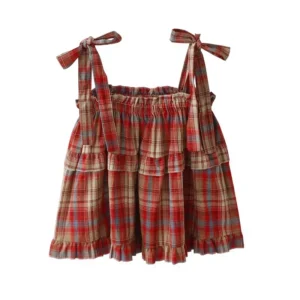 Top na ramiączkach w kratę ze sznurowaniem w stylu vintage Czerwony