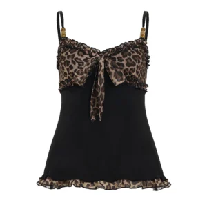 Top na ramiączkach Y2K leopard z koronkowym sznurowaniem Beżowy