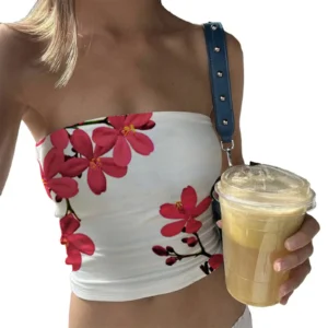 Top tuba bandeau bez ramiączek w kwiaty na lato Róża czerwona