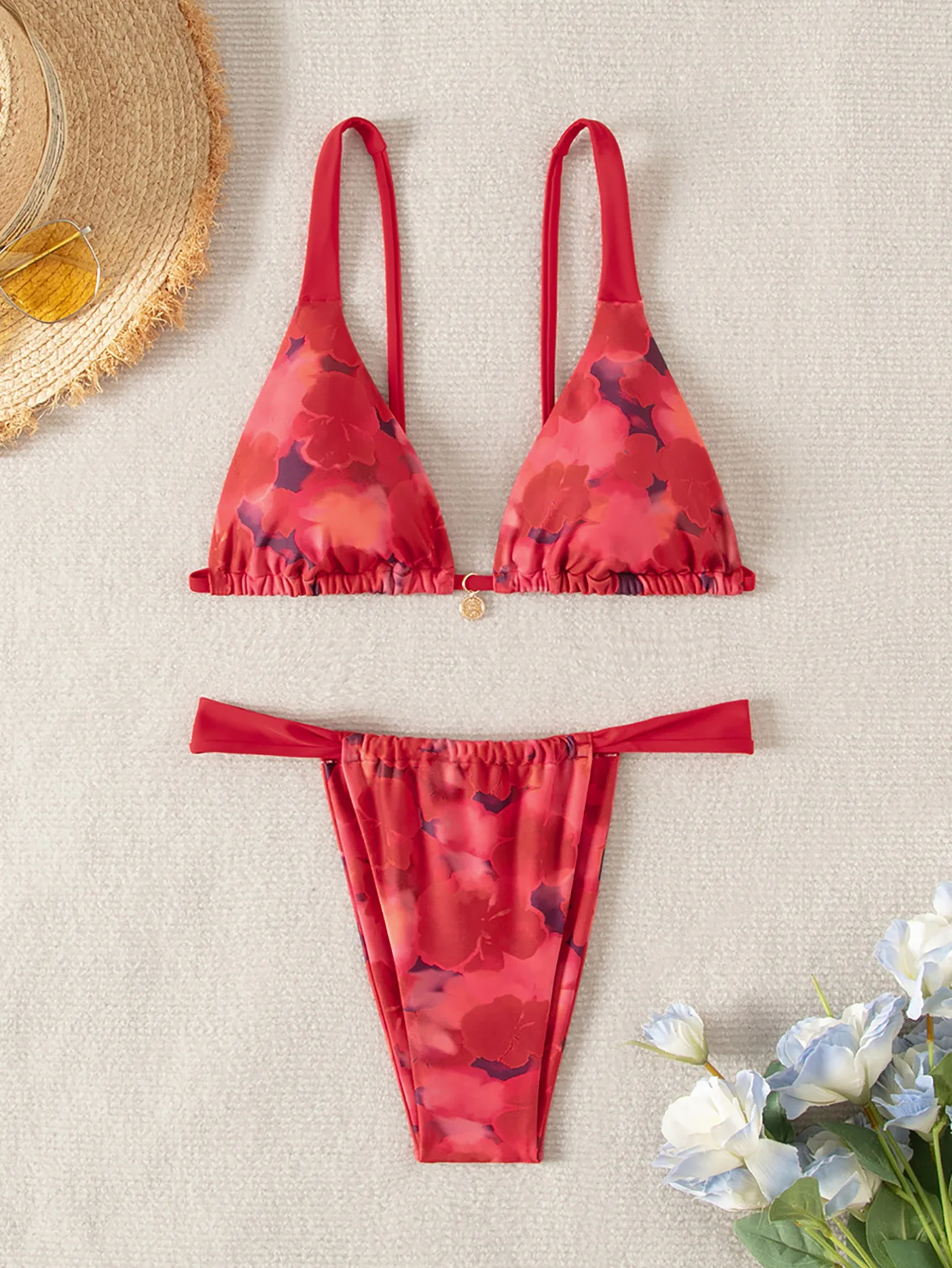 Trójkątne bikini push up w kwiatowy wzór Szampan