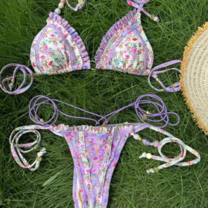 Trójkątne mikro bikini stringi z nadrukiem damskie Biały