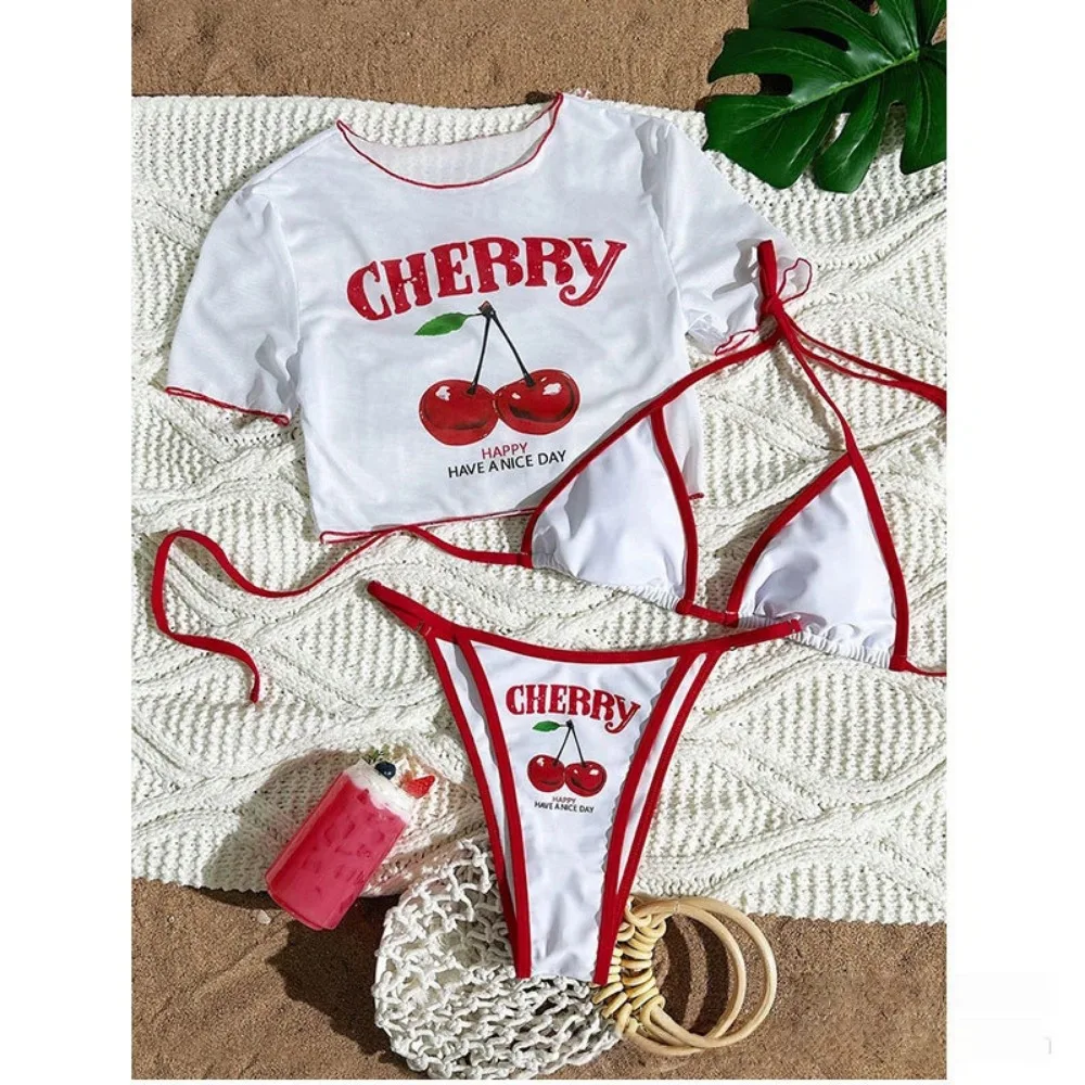 Trzyczęściowe bikini z topem z siateczki i rozcięciem Brązowy