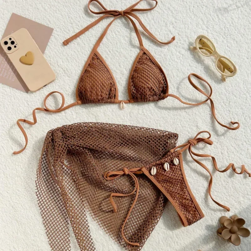 Trzyczęściowe brazylijskie bikini damskie na basen i plażę Beżowy