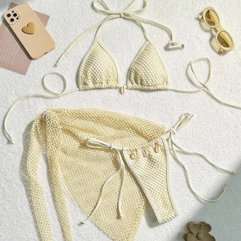 Trzyczęściowe brazylijskie bikini damskie na basen i plażę Czarny