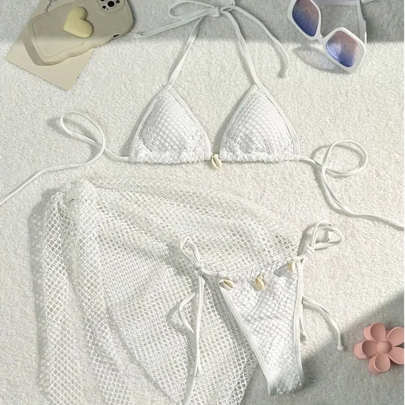 Trzyczęściowe brazylijskie bikini damskie na basen i plażę Niebieski