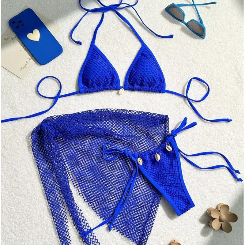 Trzyczęściowe brazylijskie bikini damskie na basen i plażę Złoto