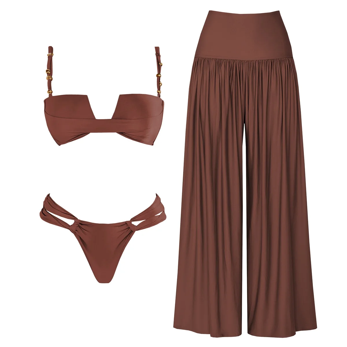 Trzyczęściowy strój kąpielowy bandeau push-up z ramiączkami Czerwony