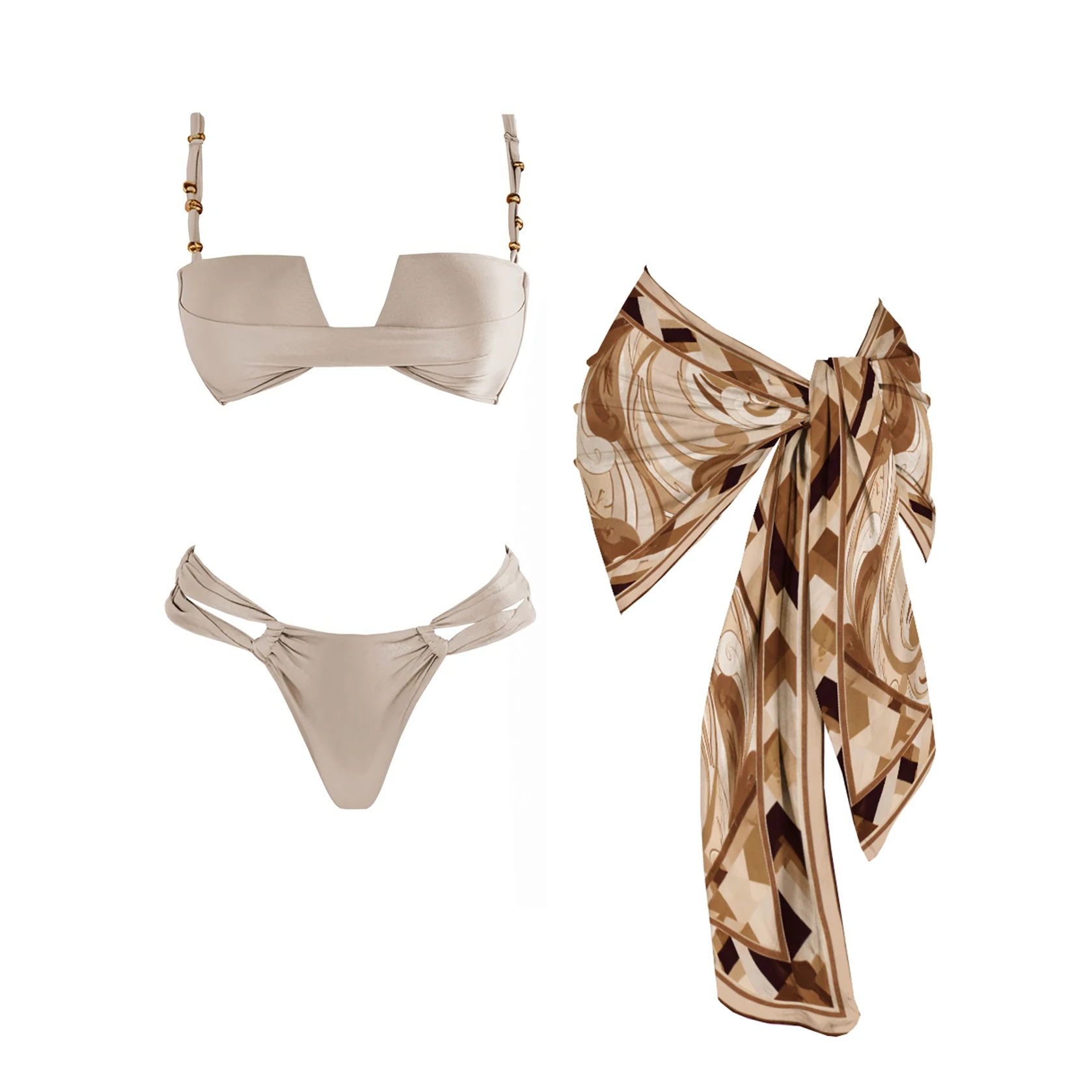 Trzyczęściowy strój kąpielowy bandeau push-up z ramiączkami Khaki
