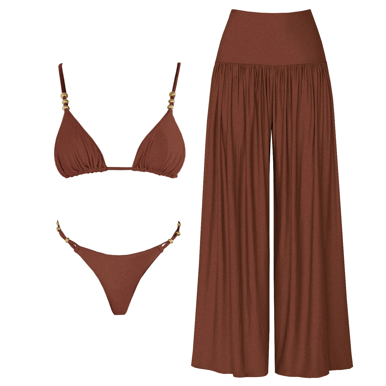 Trzyczęściowy strój kąpielowy bandeau push-up z ramiączkami Złoto