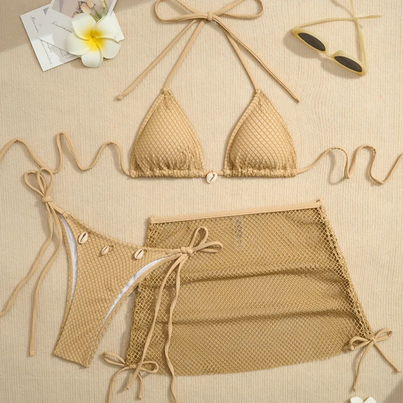 Trzyczęściowy strój kąpielowy brazylijski bikini zestaw plażowy Beżowy