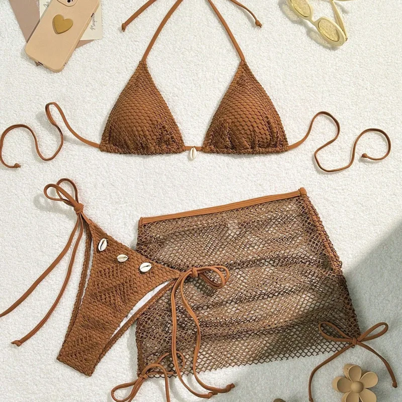 Trzyczęściowy strój kąpielowy brazylijski bikini zestaw plażowy Ciemny brąz