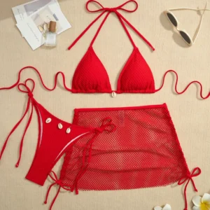 Trzyczęściowy strój kąpielowy brazylijski bikini zestaw plażowy Czerwony