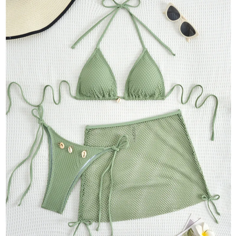 Trzyczęściowy strój kąpielowy brazylijski bikini zestaw plażowy Jasny zielony