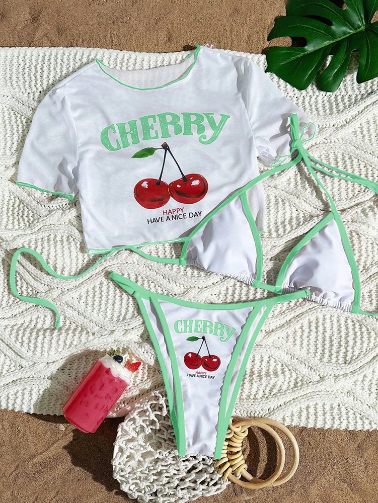 Trzyczęściowy strój kąpielowy halter z nadrukiem wiśni Zielony