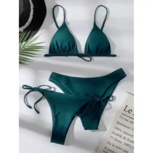 Trzyczęściowy zestaw bikini push-up z regulowanymi paskami Ciemnozielony