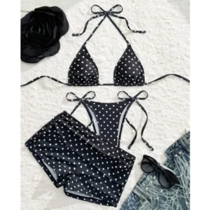 Trzyczęściowy zestaw bikini w kropki damski Beżowy