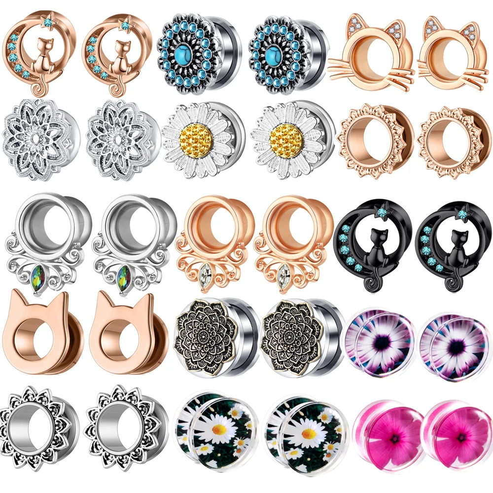 Tunele do uszu flesh plugs z motywem kwiatów vintage zestaw 2 szt Zielony