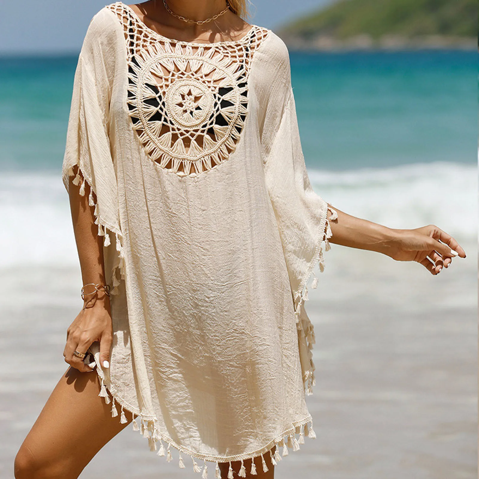 Tunika boho kimono na bikini letnia osłona plażowa Beżowy