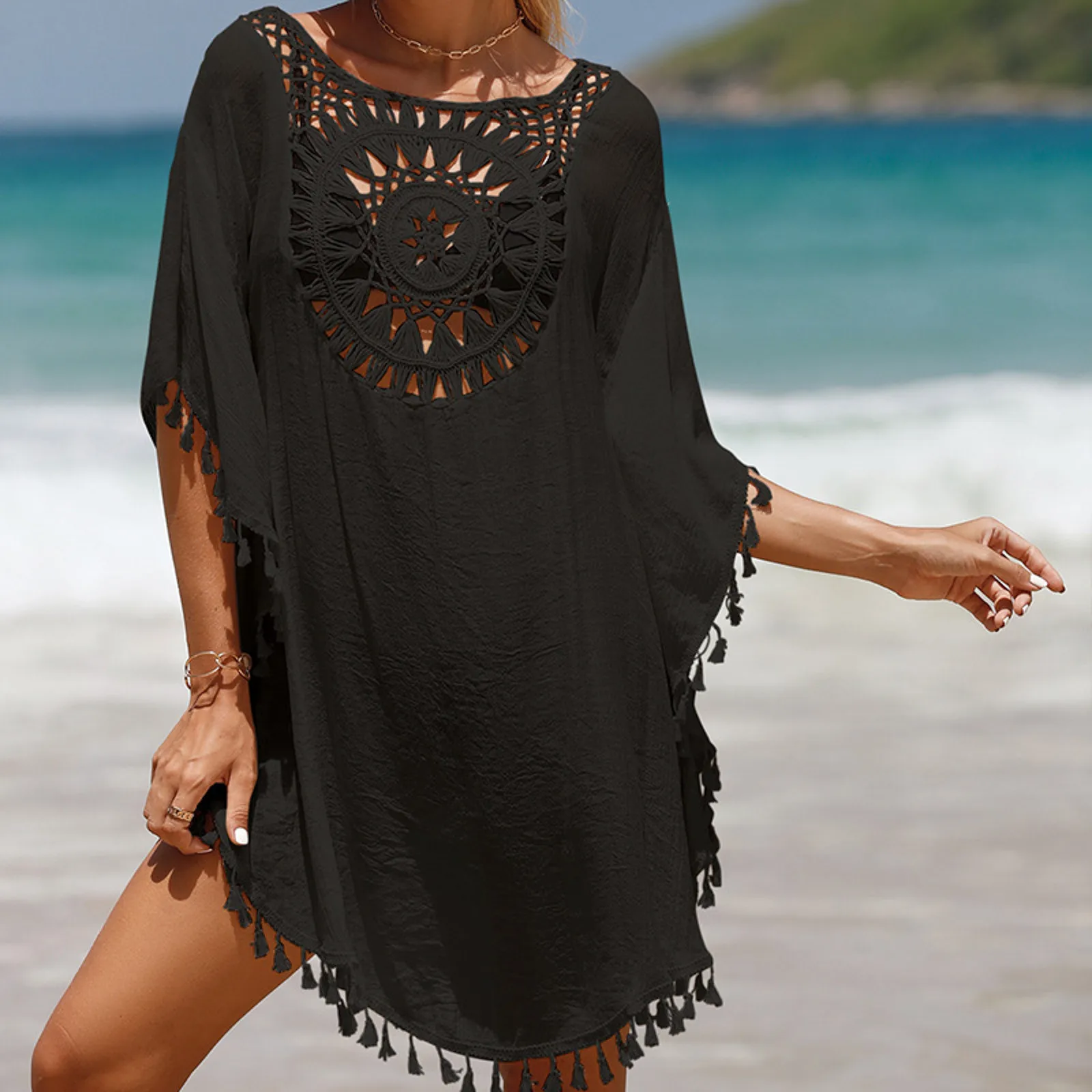Tunika boho kimono na bikini letnia osłona plażowa Czarny