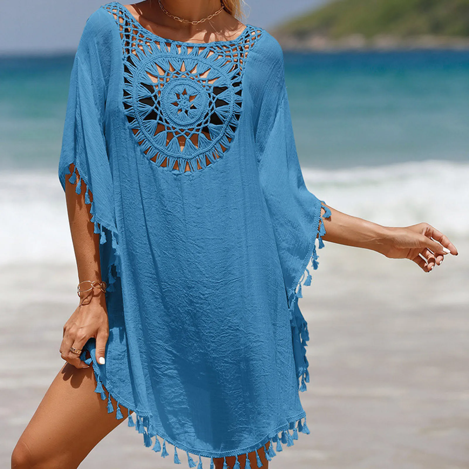 Tunika boho kimono na bikini letnia osłona plażowa Niebieski