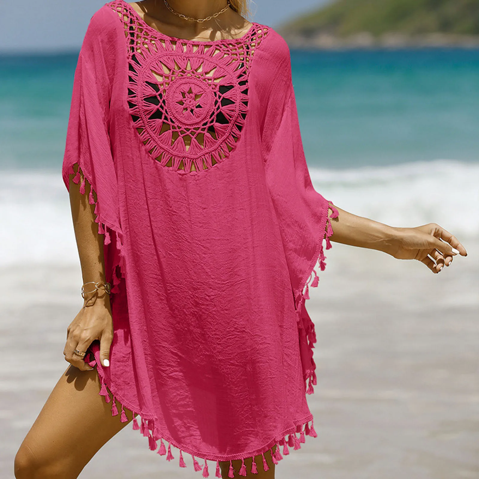 Tunika boho kimono na bikini letnia osłona plażowa Róża czerwona