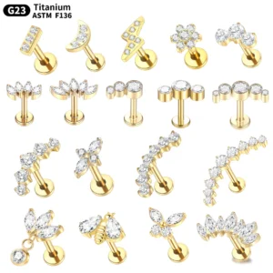 Tytanowe kolczyki labret z cyrkonią – złote flatback do helix i tragus 16G Zielony