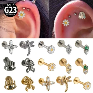 Tytanowe kolczyki sztyfty stokrotka i słonecznik – piercing chrząstki helix tragus Biały