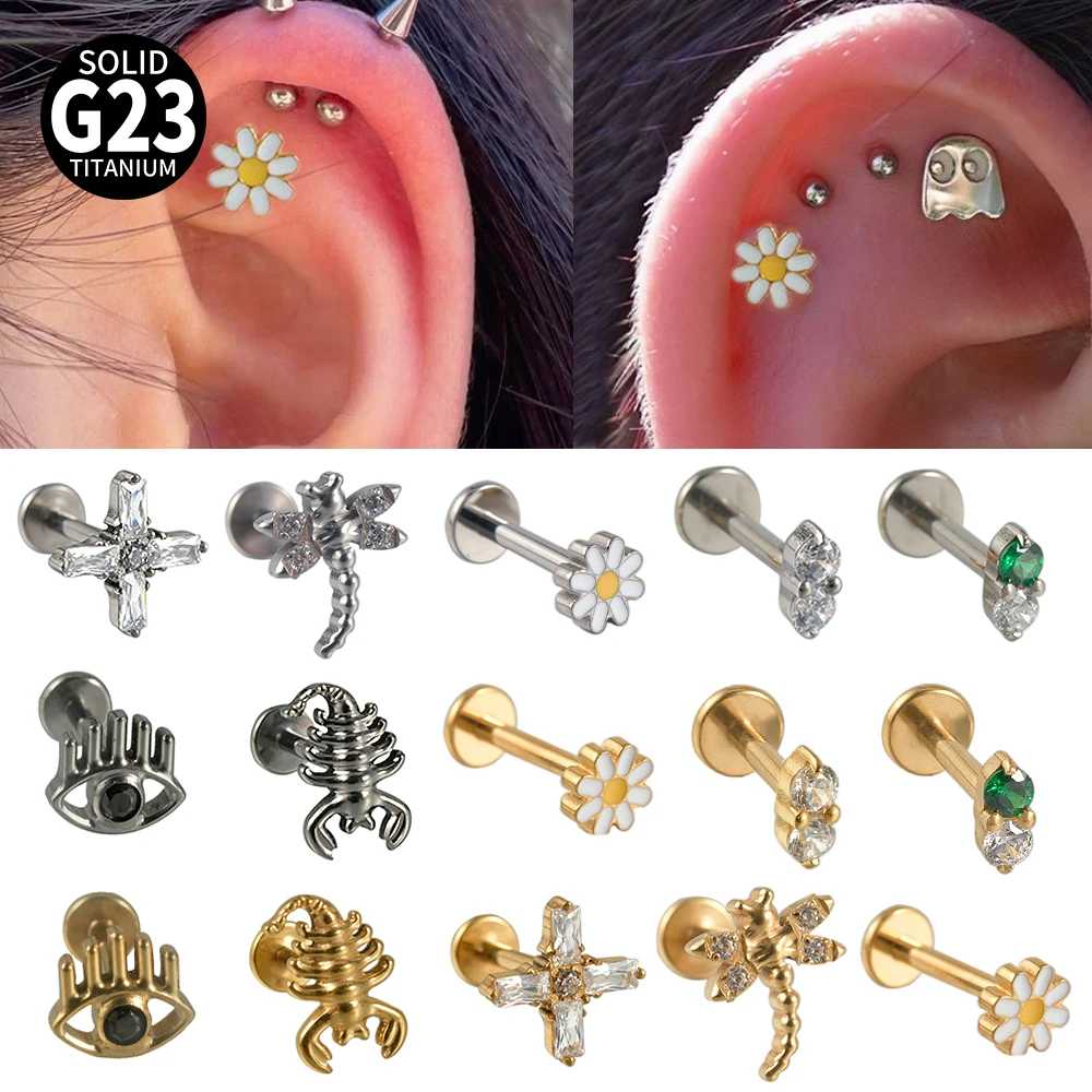 Tytanowe kolczyki sztyfty stokrotka i słonecznik – piercing chrząstki helix tragus Biały