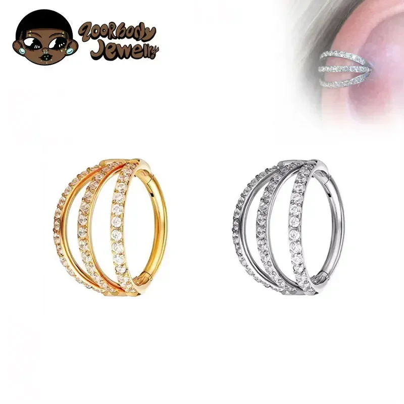 Tytanowy clicker z potrójną cyrkonią do septum i daith Biały