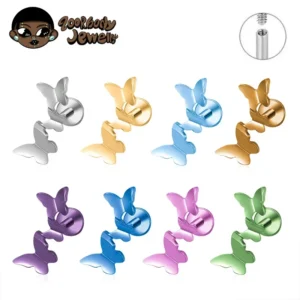 Tytanowy kolczyk z motylem – anodowany flatback do helix tragus labret G23 Szary