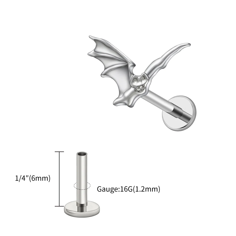 Tytanowy kolczyk z nietoperzem – piercing helix tragus chrząstka 16G Rodowany