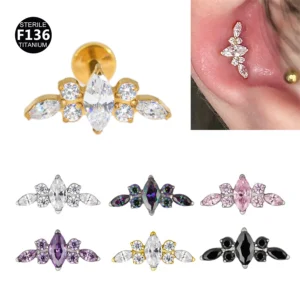 Tytanowy kolczyk labret flatback z kwiatem 16G — tragus helix chrząstka Zielony