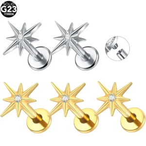 Tytanowy kolczyk labret gwiazda polarna z cyrkonią – flatback do helix tragus 16G Biały