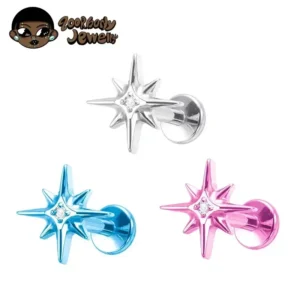 Tytanowy piercing labret Gwiazda Północna z cyrkonem 16G — tragus helix Srebrny