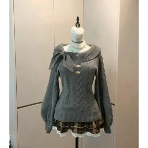 Uroczy sweter Y2K damski – koreańska moda, pastelowe kolory Jasny niebieski