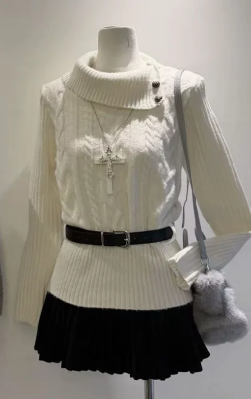 Uroczy sweter Y2K damski – koreańska moda, pastelowe kolory Zielony fluorescencyjny