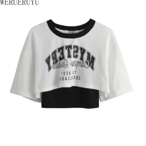 Vintage dwuczęściowy zestaw damski crop top z nadrukiem Y2K Czarny