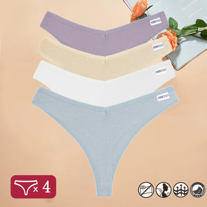 Waflowe bawełniane stringi damskie - zestaw 4 szt. Czarny