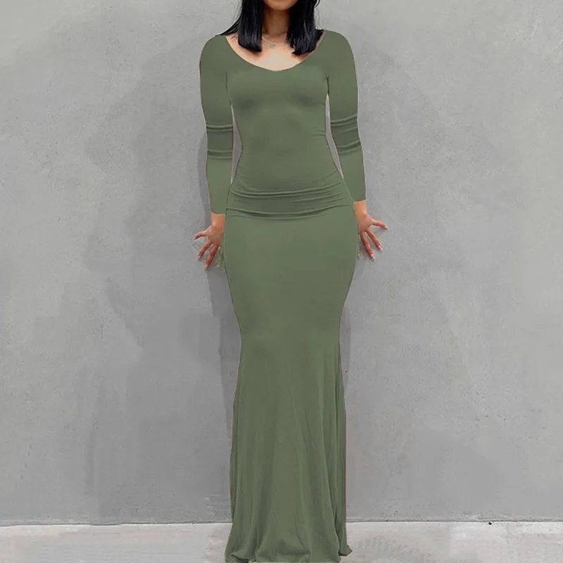 Wąska sukienka domowa maxi z długim rękawem Zielony
