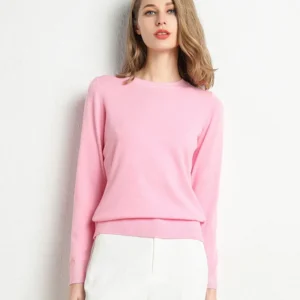Wąski sweter damski z kaszmirem i okrągłym dekoltem plus size Różowy
