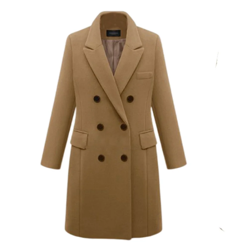 Wełniany płaszcz biurowy damski dwurzędowy – elegancki jesień zima Khaki