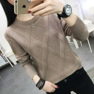 Wełniany sweter pullover luźny wiosna jesień podstawowy Brązowy