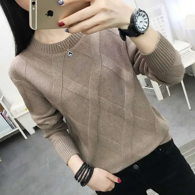 Wełniany sweter pullover luźny wiosna jesień podstawowy Brązowy