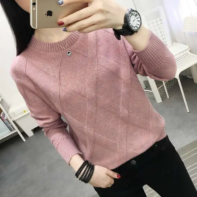 Wełniany sweter pullover luźny wiosna jesień podstawowy Różowy