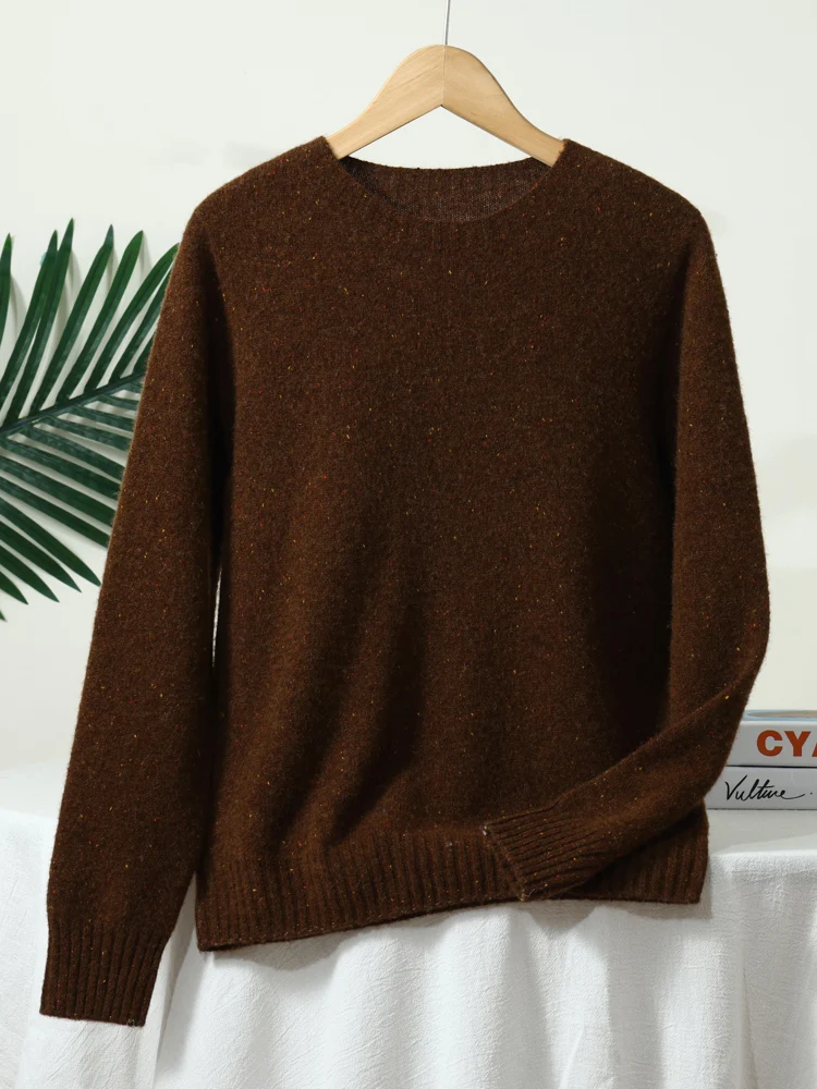 Wełniany sweter z okrągłym dekoltem 100% merino Ciemnobrązowy